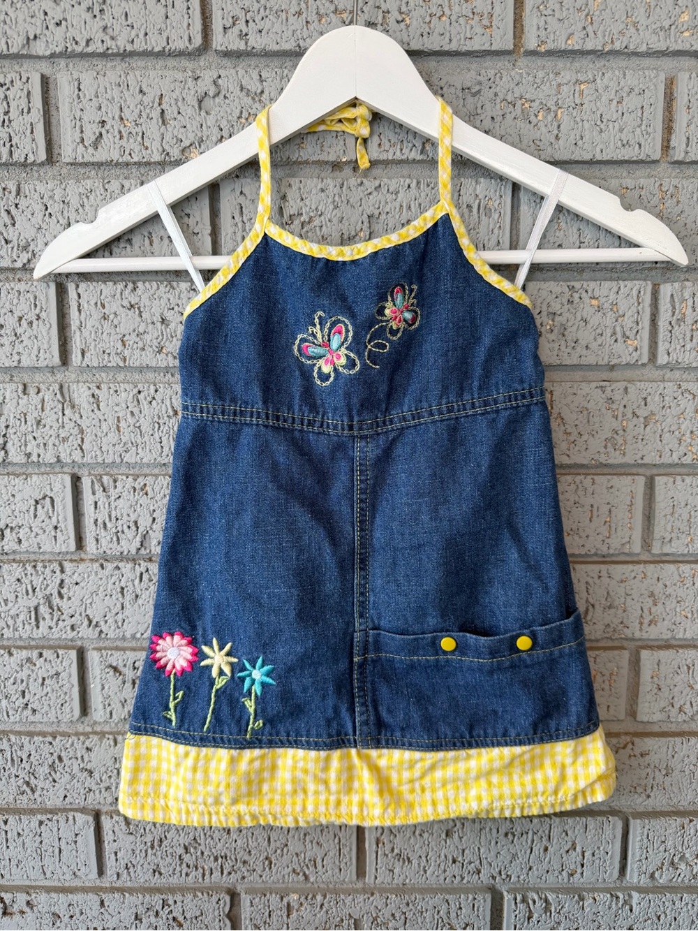 VTG Denim Halter Dress Size 4T Embroidered Flowers and Butterfly’s